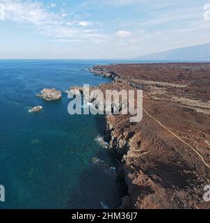 Aerial panorama of coastal tekking path near Arco de la Tosca - El Hierro (Canary Islands) Stock Photo
