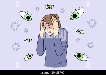 Panic of chase and Inner fears concept. Young stressed woman standing feeling invisible eyes around her feeling panic and nervous problems vector illustration  Stock Vector