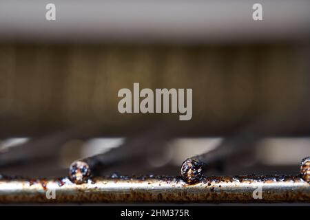 Greasy grill rust from the front. Wire brush blurred in the background. Close up. Stock Photo