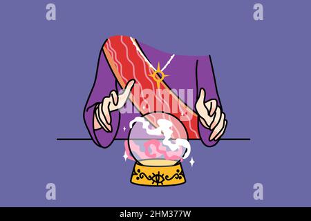 Hands of fortune teller with crystal ball tell fate to client or customer in magic salon. Magician or gypsy read fate on crystal magical ball. Prediction concept. Flat vector illustration.  Stock Vector