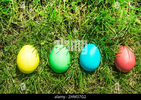 Four painted and decorative Easter eggs in the grass. Top view, copy space. Stock Photo