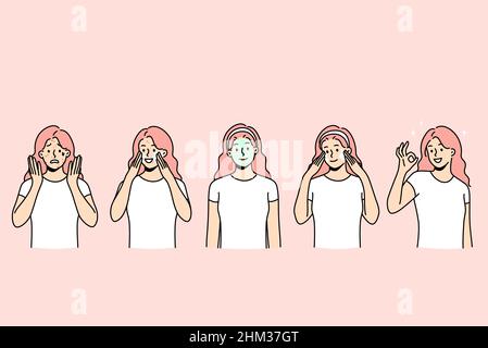 Skin care and treatment concept. Young smiling woman having skin acne problems applying mask and cream having healthy shiny skin vector illustration  Stock Vector
