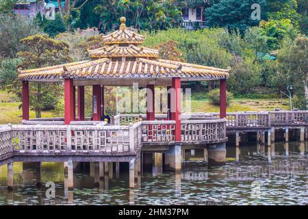 The pavilion in the middle of the small lake, Lung Tsai Ng Yuen, Lantau Island, Hong Kong, daytime autumn Stock Photo