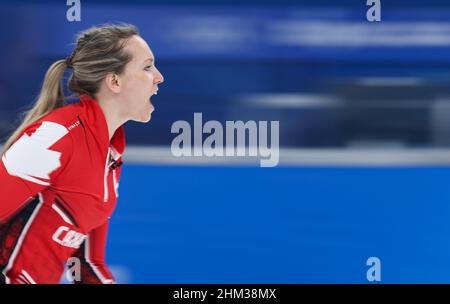 Beijing, China. 6th Feb, 2022. Rachel Homan of Canada competes during the curling mixed doubles round robin session of the Beijing 2022 Winter Olympics between Italy and Canada at the National Aquatics Centre in Beijing, capital of China, Feb. 6, 2022. Credit: Wang Jingqiang/Xinhua/Alamy Live News Stock Photo
