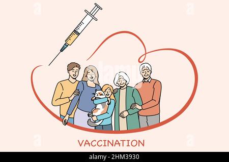 Vaccination and medical protection concept. Family with kid child parents and grandparents standing all together and feeling protected with syringe and vaccination vector illustration  Stock Vector