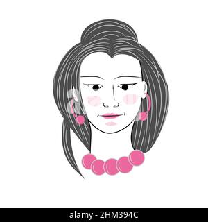 Young Asian woman. Stylish flat portrait isolated on white background. Trendy square doodle avatar. Happy face. Funny Cartoon people character outline Stock Vector