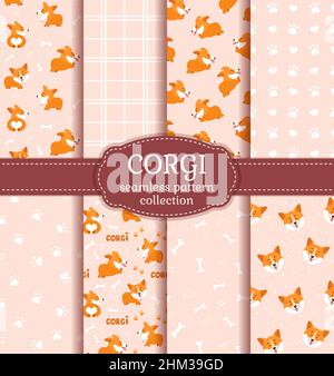 Corgi seamless pattern collection with cute welsh corgi puppies, as well as abstract backgrounds. Vector collection with funny dog characters. Stock Vector