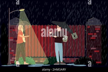 Wet and rainy weather in a night city lit by a fence lantern. Stock Vector