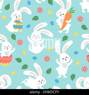 Easter bunny seamless pattern. Toddler bunnies, spring flourish festive background. Rabbit with eggs and flowers, cartoon hare decent vector print Stock Vector