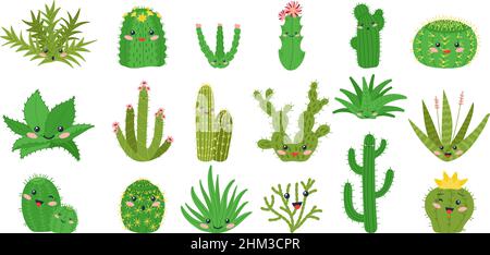 Set of cacti with funny kawaii faces in cute handmade pots on a white ...