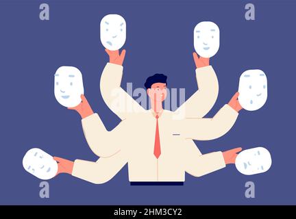Fake businessman faces. Different mood, liar in business. Office manager choose moods and hold masks in hands, vector illustration Stock Vector