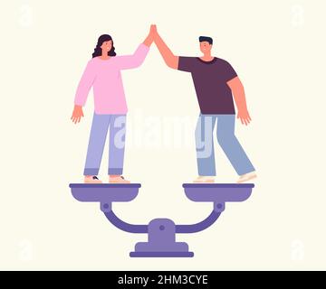 Gender equality concept. Woman and man give five, happy business people. No gap, male and female friendship or partnership. Vector people stand on Stock Vector