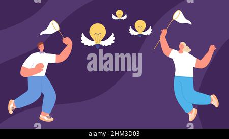 Business people catching ideas. Person with net and flying lamps, teamwork or brainstorm. Creative girl and boy vector characters Stock Vector