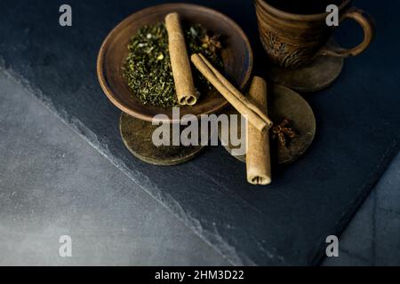 Fragrant Chinese tea on a rustic background. antioxidant Stock Photo