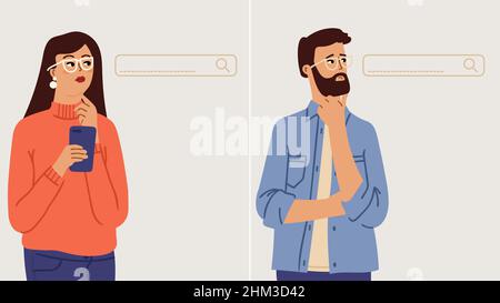 People searching in internet. Browser search panel, thinking man and woman with smartphone. Business person in working process, looking information Stock Vector