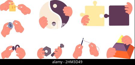 Hands collect different elements. Teamwork, business or finding balance. Key and lock, Yin Yang symbol, pyramide and puzzle pieces vector set Stock Vector