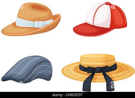Cartoon hats. Female and male beach sun headwear with white and black ribbon bows. Teenage baseball cap for sport style. Man and woman stylish headgears isolated vector set. Elegant headdress Stock Vector