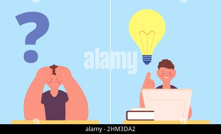 Thoughtful boy at desk. Tired student, kid problem solution using internet and books. Modern education, information finding. Cartoon thinks vector Stock Vector