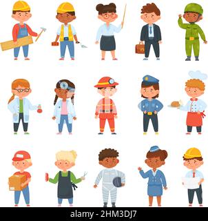 Kids in professional uniform. Children doing different job as builder, teacher, businessman, doctor and firefighter. Boys and girls choosing career. Characters employees isolated vector set Stock Vector