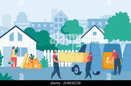 Delivery workers carrying furniture to house. Woman moving to new home, relocation. Carriers shipping shelf from van. Movers unloading cardboard boxes, logistics and shipping concept vector Stock Vector