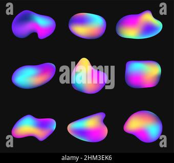 Fluid holographic or iridescent shapes. Gradient neon elements of various forms. Colorful rainbow bubbles, abstract bright liquid blobs isolated vector set. Futuristic chameleon logos Stock Vector