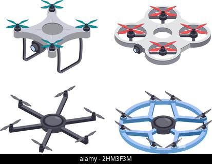 Isometric drone. Unmanned aircrafts with camera for monitoring or video filming. Flying remote quadcopter with propellers. Modern air delivery transport, automatic device isolated vector set Stock Vector