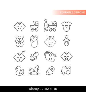 Baby outlined vector icon set. Toy train, teddy bear, cry baby symbols. Stock Vector