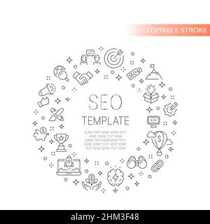 Seo line vector banner template. Search engine optimization, website symbols, business outlined frame. Stock Vector