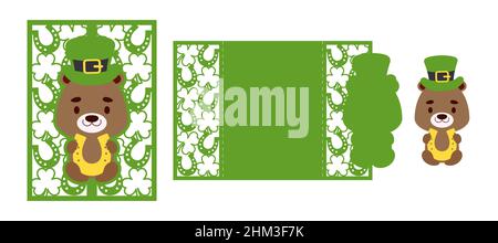 St. Patrick's Day otter laser cutting invitation card template. Paper cut out silhouette for plotter and silk screen printing. Vector stock illustrati Stock Vector