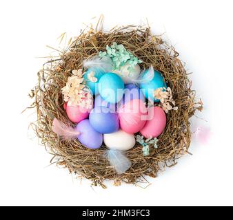 Colored Easter eggs in a nest with feathers and flowers isolated on a white background. Top view, close-up. Stock Photo
