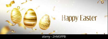 Happy Easter banner with gold eggs and confetti on blurred background with golden glittering and sparkles. Spring holiday greetings, header or footer for website, Realistic 3d vector illustration Stock Vector