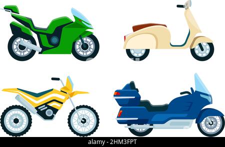 Motos, Moto, Scooter De Livraison, Icône Plate Chopper. Moto Vintage, Vue  Latérale Différents Types De Vecteurs De Véhicules à Moto. Divers Modèles  De Transport Pour Les Courses De Vitesse