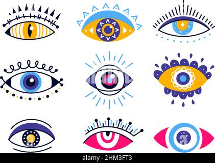 Mystic evil eyes. Cartoon occult esoteric symbols. Magical hamsa element for providence, talisman for protection. Lucky spiritual and sacred souvenir of various shapes isolated vector set Stock Vector