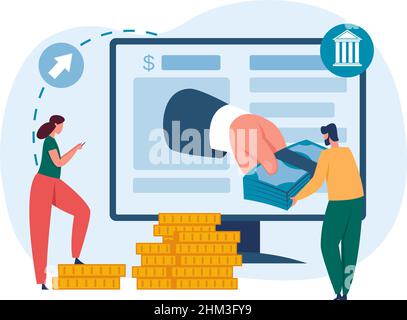 Online banking service concept. Cartoon woman sending money via mobile phone. Hand giving cash banknotes to male character from desktop computer screen. Money virtual transfer vector Stock Vector