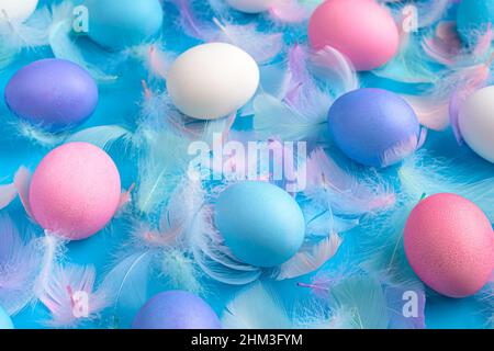 Easter background with colored eggs and feathers on a blue background. Side view, close-up. Stock Photo