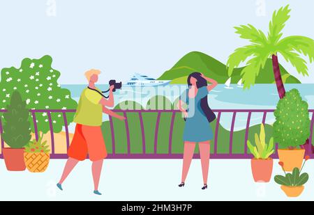Photographer photographing model. Man taking photo of girl posing near sea. Cartoon woman having rest on seaside. Person on tropical vacation standing in front of palm tree, yacht vector Stock Vector