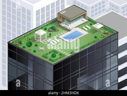 Cottage or bungalow, apartment with a pool on the roof of a skyscraper in the city. Alternative of agriculture. Vector graphics Stock Vector
