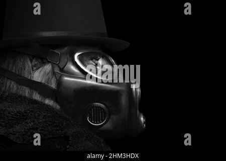 Lion wearing a gas mask , Man in the form of Lion , animal face isolated black white , Abstract Stock Photo
