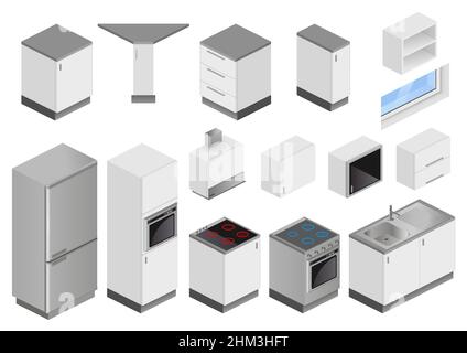 Isometric boxes of furniture and equipment for the kitchen project. Perspective view from the top. Blanks in the vector for the manufacture of schemes Stock Vector