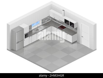 Modern white kitchen in isometric projection. Design scheme of interior furniture. Vector graphics Stock Vector