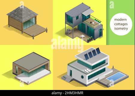 Set of modern cottages and houses in isometric schemes. Vector graphics Stock Vector