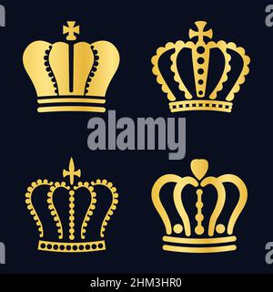Crown, royal family gold icons set. King, Queen crown vector icons set ...