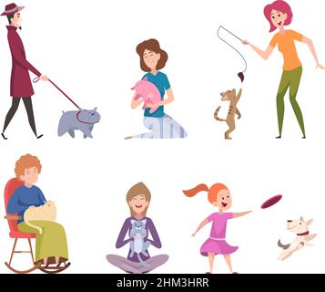 Animal owners. Domestic pets people love their animals dogs cats parrots various birds exact vector cartoon characters Stock Vector