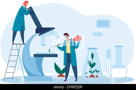 Scientist or biologist working in laboratory. Man dropping liquid, woman examining drip in microscope. People doing research with plants. Characters in robs working in lab, microbiology vector Stock Vector