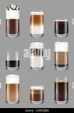 Coffee mug. Morning drinks in cups americano espresso beverage liquids black coffee with milk foam decent vector realistic illustration Stock Vector