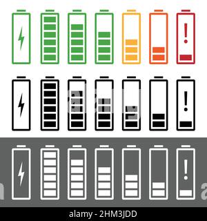 Battery charging, charge indicator. Vector icon set level Battery Energy powerfully full. Power running low up. Status batteries logo. Charge level em Stock Vector