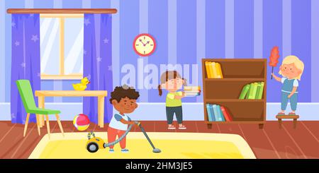 Cartoon kids doing housework in living room. Boy vacuuming carpet with hoover. Girl dusting book shelf. Children doing household chores. Kids doing daily routine and helping parents vector Stock Vector