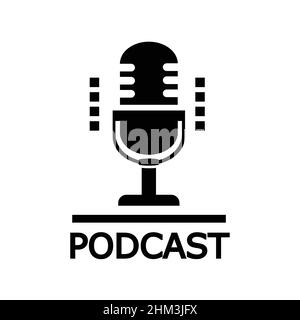 The microphone icon .Logo, application, user interface. Podcast radio icon. Studio microphone table broadcast podcast text. Stock Vector