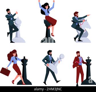 Chess and people. Business strategy concept scenes characters moving chess figures collaboration team tactics partnership game challenges garish Stock Vector