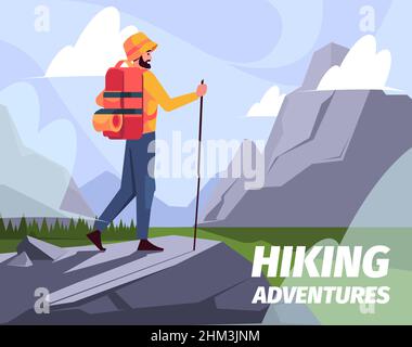 Extreme hiking cartoon banner. Traveler man with map at mountains, travel  adventure header. Tourist with backpack stand at rocky landscape look on  suspended bridge over high peaks vector web banner Stock Vector
